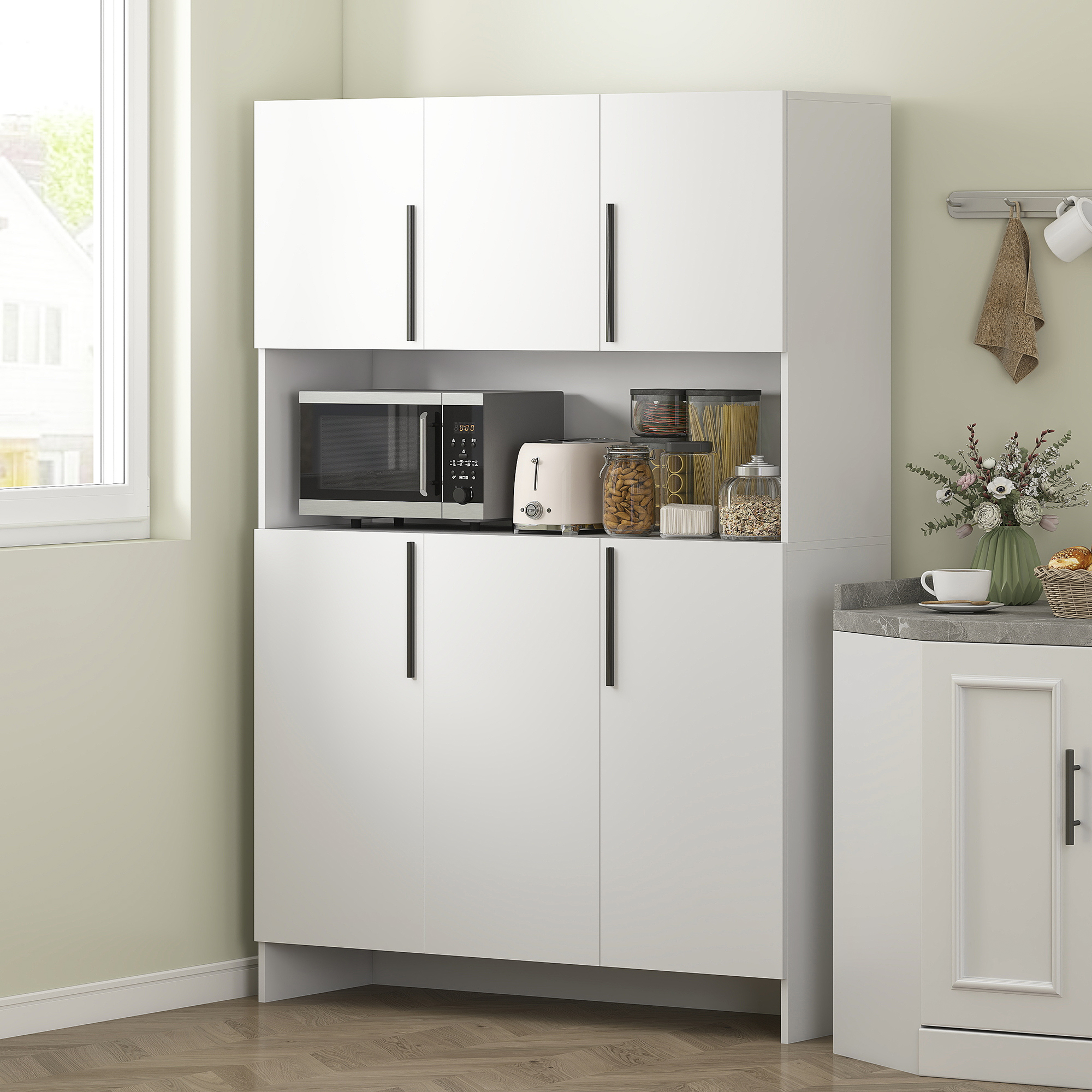 HOMCOM Keukenkast, 4 Kasten, 6 Deuren, 12 Scharnieren, Werkblad, Spaanplaat, Wit