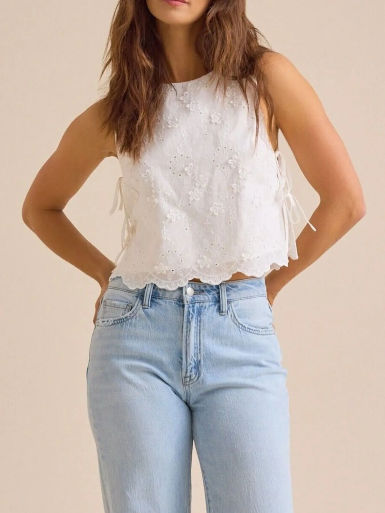 Eyelet Embroidered Scalloped Hem Tank Top