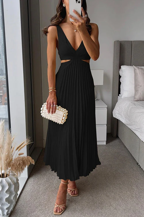 Womena??s Pleated Maxi Dress Elegant V-Neck Sleeveless Style