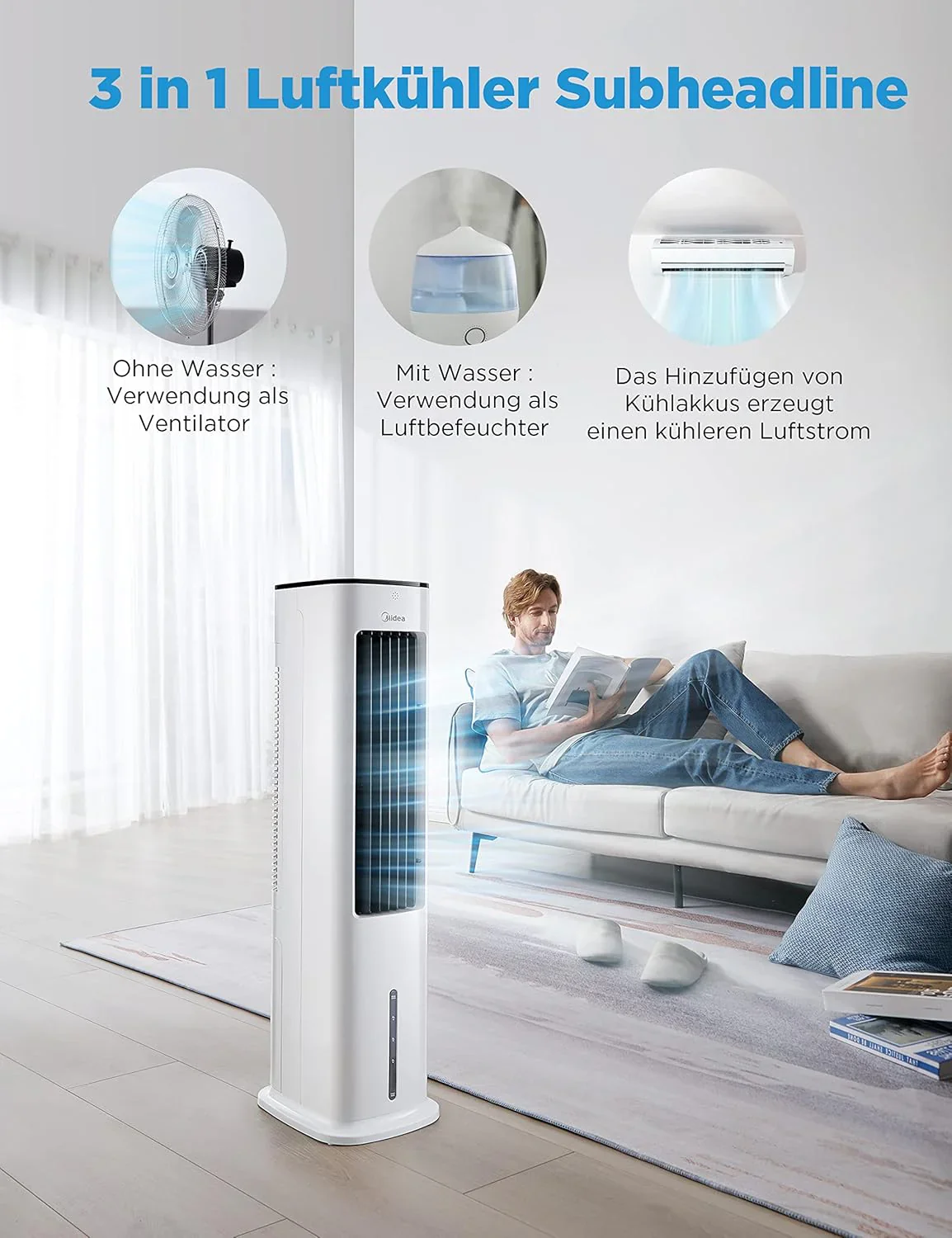 Midea Léghűtő vízhűtéssel, mobil légkondicionáló, ventilátor 5 literes vízhűtéssel, párásító és ionizáló, légkondicionáló elvezetőcső nélkül, 355m³/h, ventilátor távirányítóval, 55W, fehér