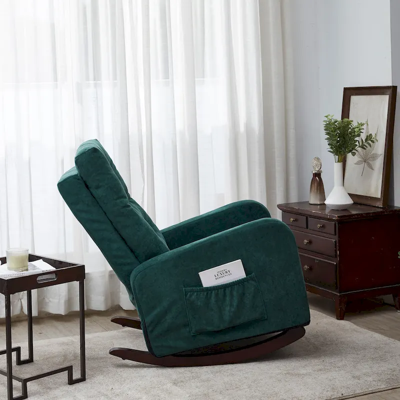 Modern 28.74 High Back Upholstered Buttons Tufted Rocking Chair with Solid Wood Legs and Side Pocket