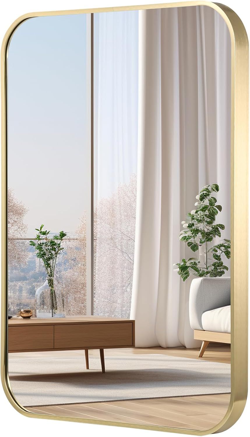JENBELY 20x30 Inch Gold Bathroom Mirror with Rounded Corners, Versatile Brushed Brass Frame for Bedroom or Living Room