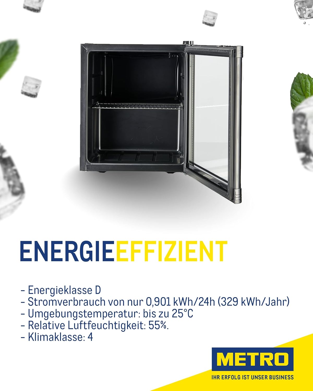 METRO Professional Mini-Kühlschrank GPC1046, Edelstahl/Glas, 43 x 48 x 51.5 cm, 46 L, schwarz
