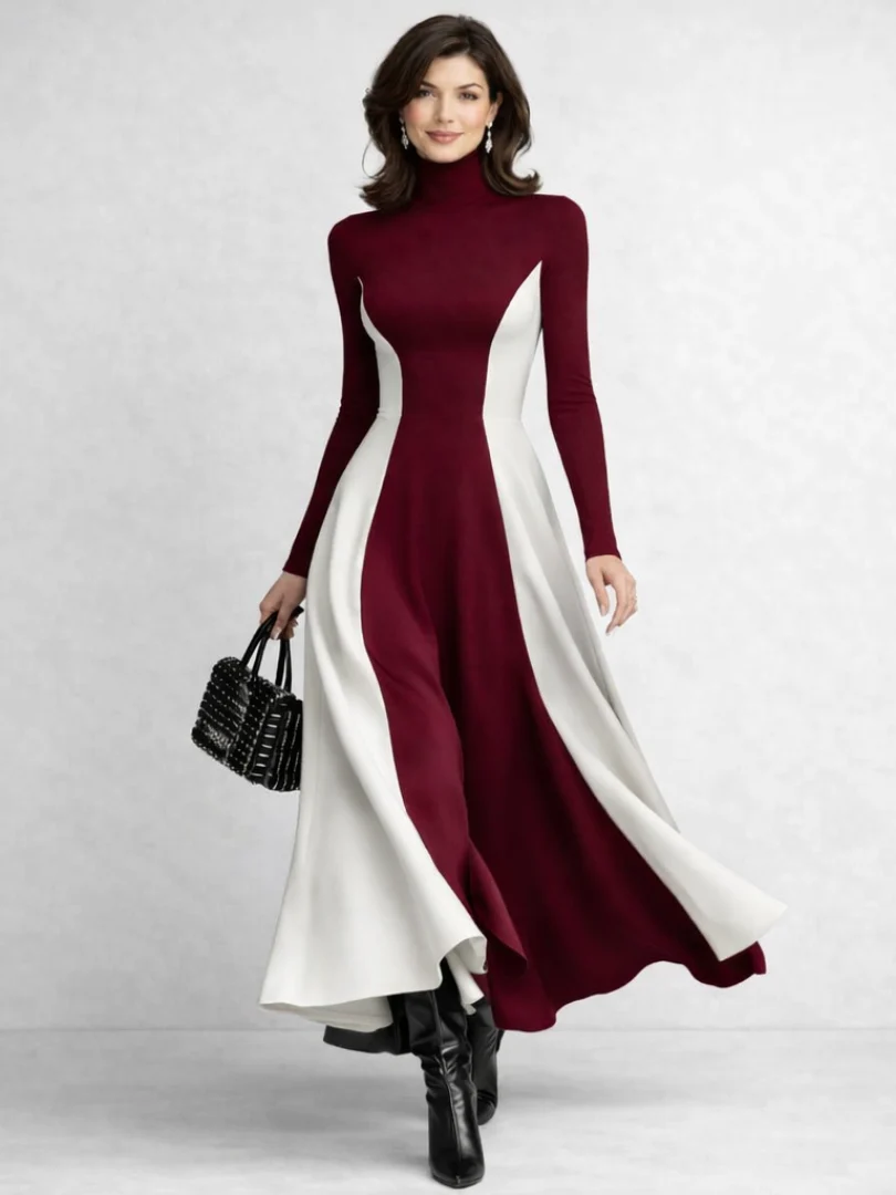 Women��s Black Maxi Dress Sculpted Turtleneck Design