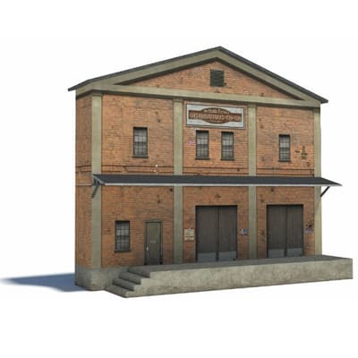 Background Tall Industrial Building (brown, 2 big gray doors, platform, peaked roof)