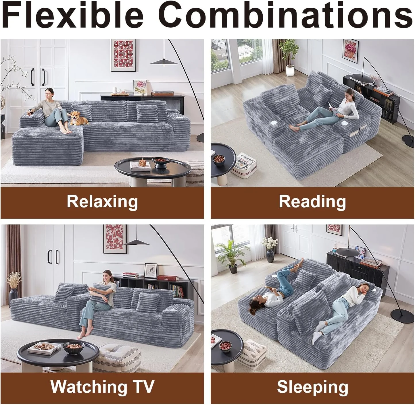Cloud Sectional Couch with L-Shape Chaise Modern Modular Sofa Deep Seat Built-in Cup Holder