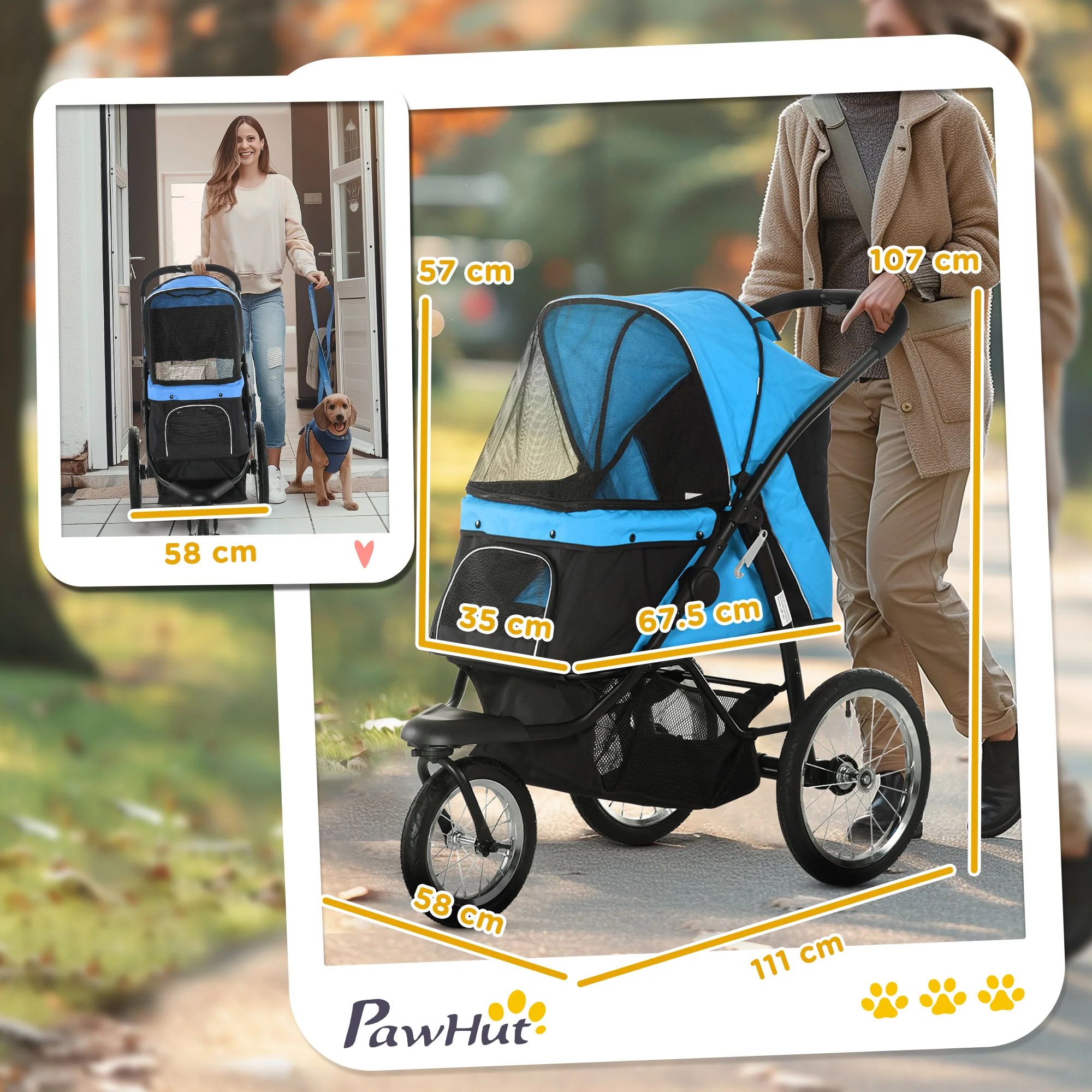 PawHut hondenkinderwagen, opvouwbaar, zonnescherm, gaasvenster, opbergmand, blauw, 111 x 58 x 107 cm