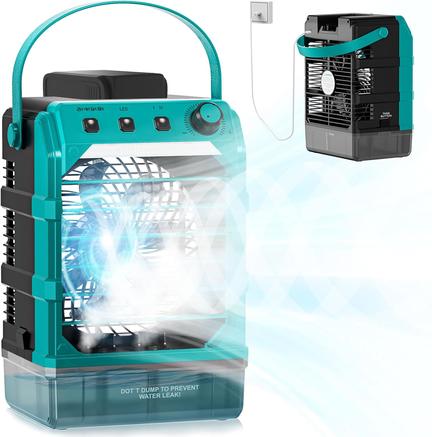 Ventilator mit Wasserkühlung Kompatibel für Makita 18V Akku und USB-betrieben，Luftkühler mobil mit Wasserkühlung,Ventilator mit Luftbefeuchter für Terrasse, Garage Urlaub Sport Büro Garten