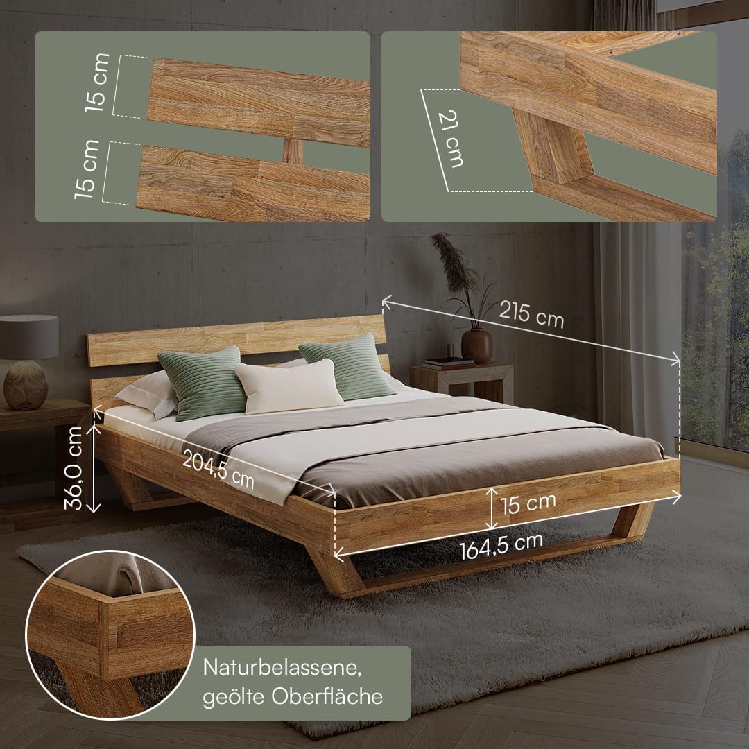 skølm Nornir Massivholzbett 160x200 cm – Bettrahmen aus Massivholz Eiche geölt – hochwertiges Holzbett mit Kufen Bettbeinen – Bettgestell mit 2 Streben als Bettkopf – geeignet als Doppelbett