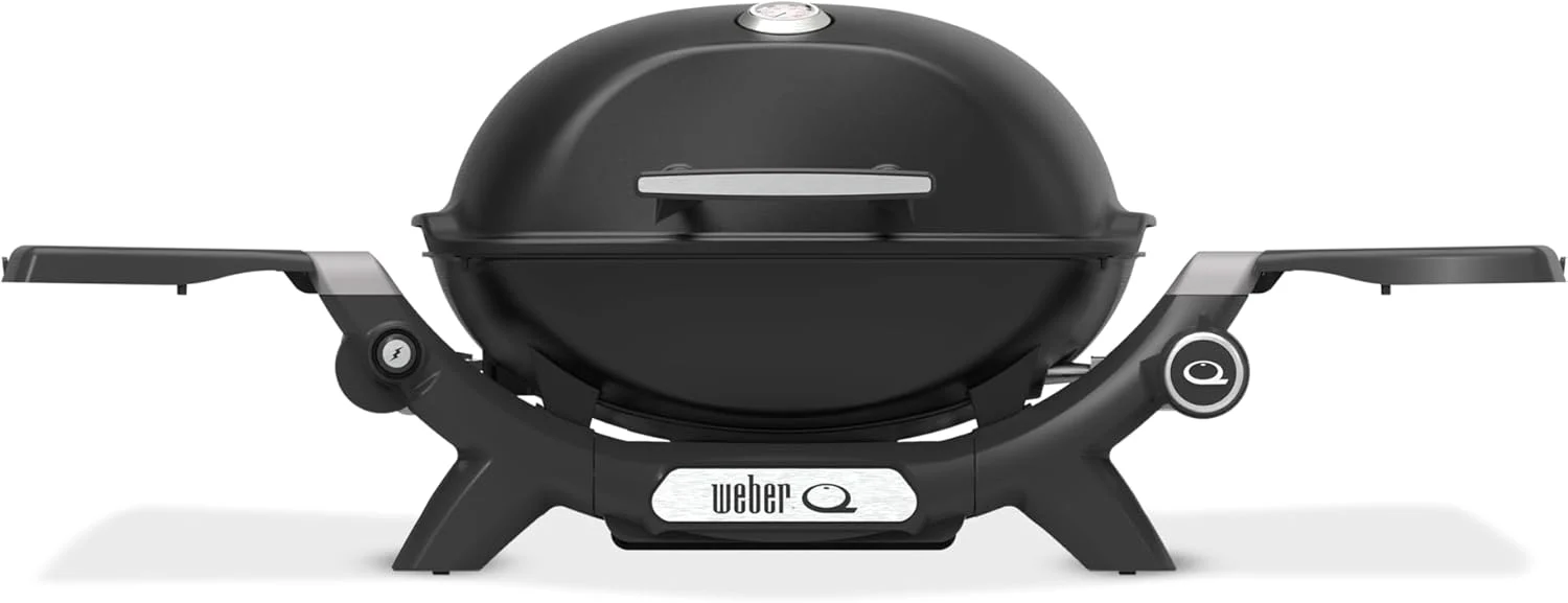 Weber Q 1200N gázgrill oldalsó asztalokkal/könnyű grill kempingezéshez, teraszra és erkélyre nagyteljesítményű égővel, porcelánzománcozott öntöttvas rácsokkal és elektronikus gyújtással, éjfekete