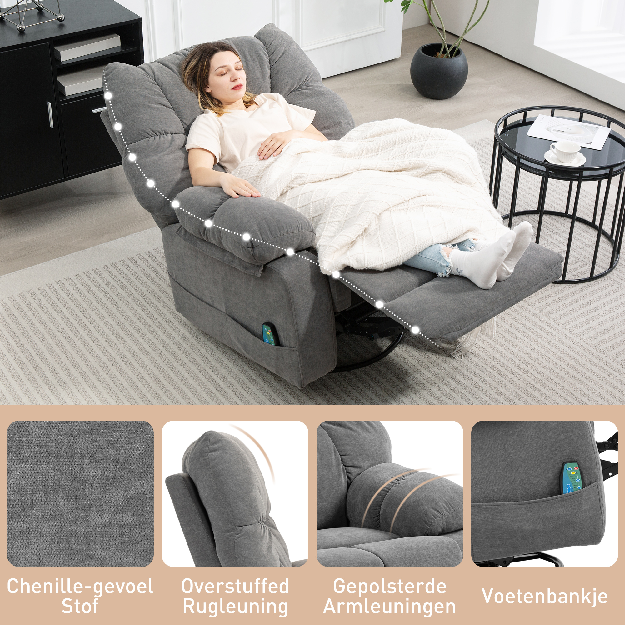 HOMCOM Relaxstoel met Massage- en Ligfunctie, Draaibare Massagestoel, 4 zijzakken en Afstandsbediening, Donkergrijs