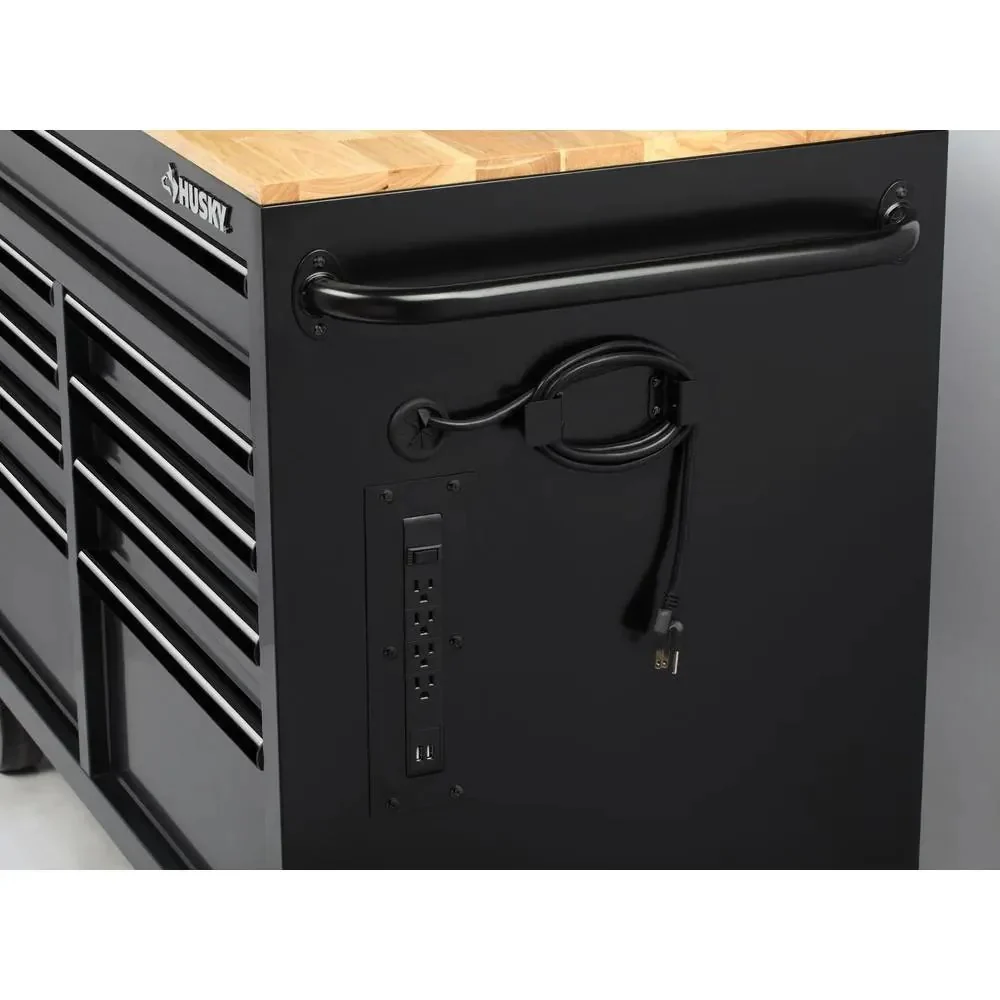 Mobile workbench with 9 drawers, hardwood top and power connection, 117 cm W x 62 cm D �C high-gloss black