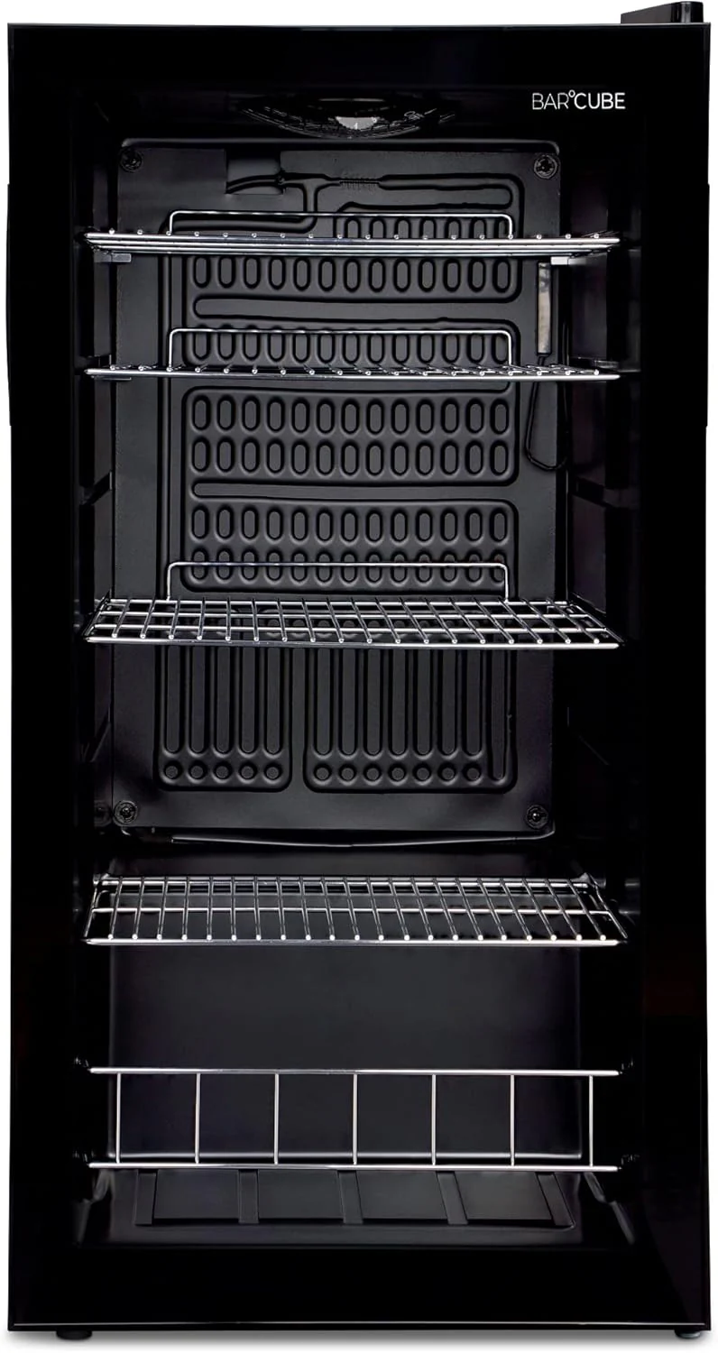°CUBES Frigorifero per bevande 90L con porta in vetro e 4 ripiani regolabili | Frigorifero compatto per bottiglie, perfetto per casa, ufficio, feste e gastronomia | Elegante frigorifero con porta in vetro, nero