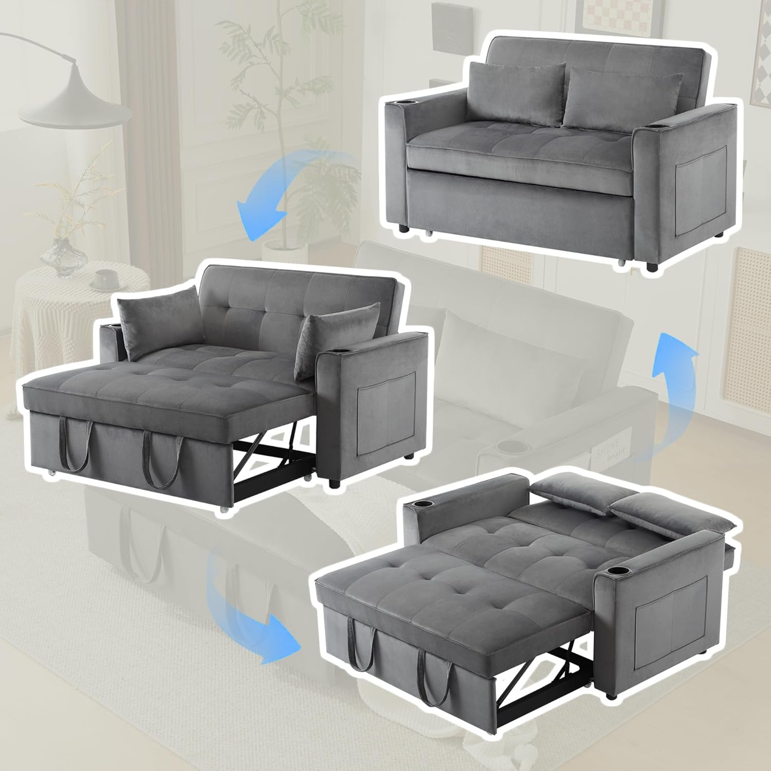 Merax Schlafsofa 2-Sitzer Sofa mit Schlaffunktion, Klappbares 3-in-1 Schlafcouch mit Verstellbarer Rückenlehne, Getränkehalter und Armlehnentaschen, aus Samt, Grau 137 x 76.5 x 83 cm
