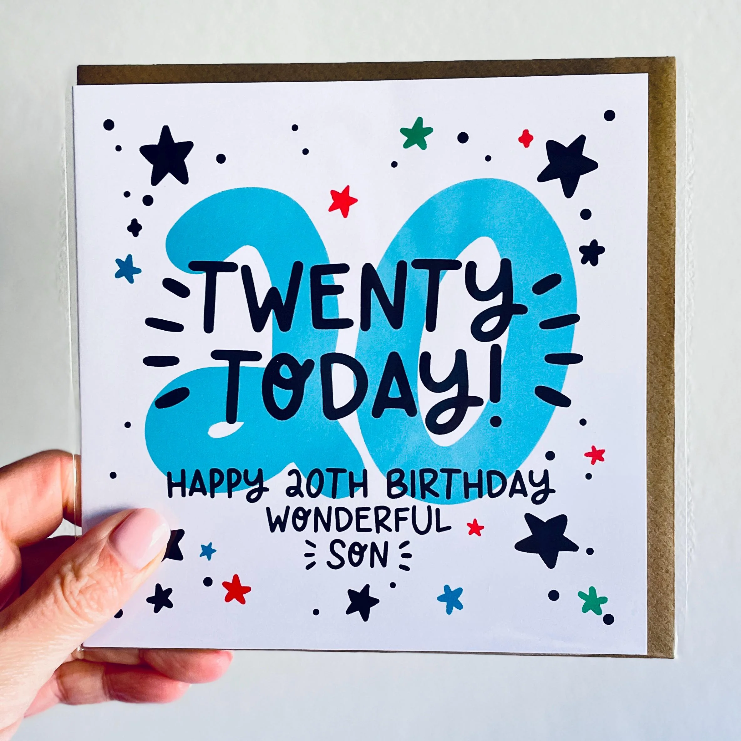 Son's 20th Birthday Card: Blue 20, with Kraft envelope