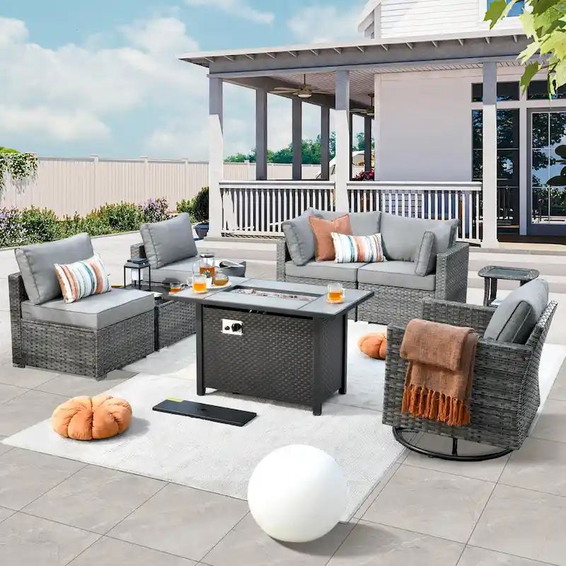 HOOOWOOO 8-piece Rattan Wicker Patio Furniture Set with Fire Pit