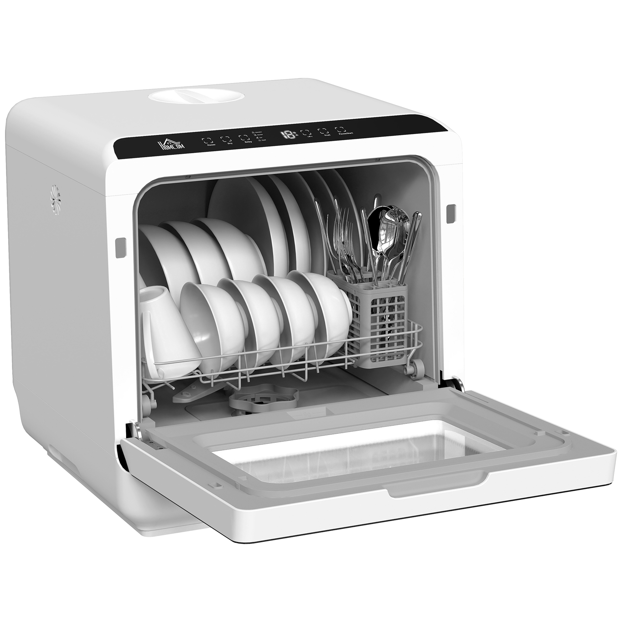 HOMCOM Tafelvaatwasser, Mini-Vaatwasser met 6-Liter-tank, 5 Programma's, LED-display, Droogfunctie, Wit