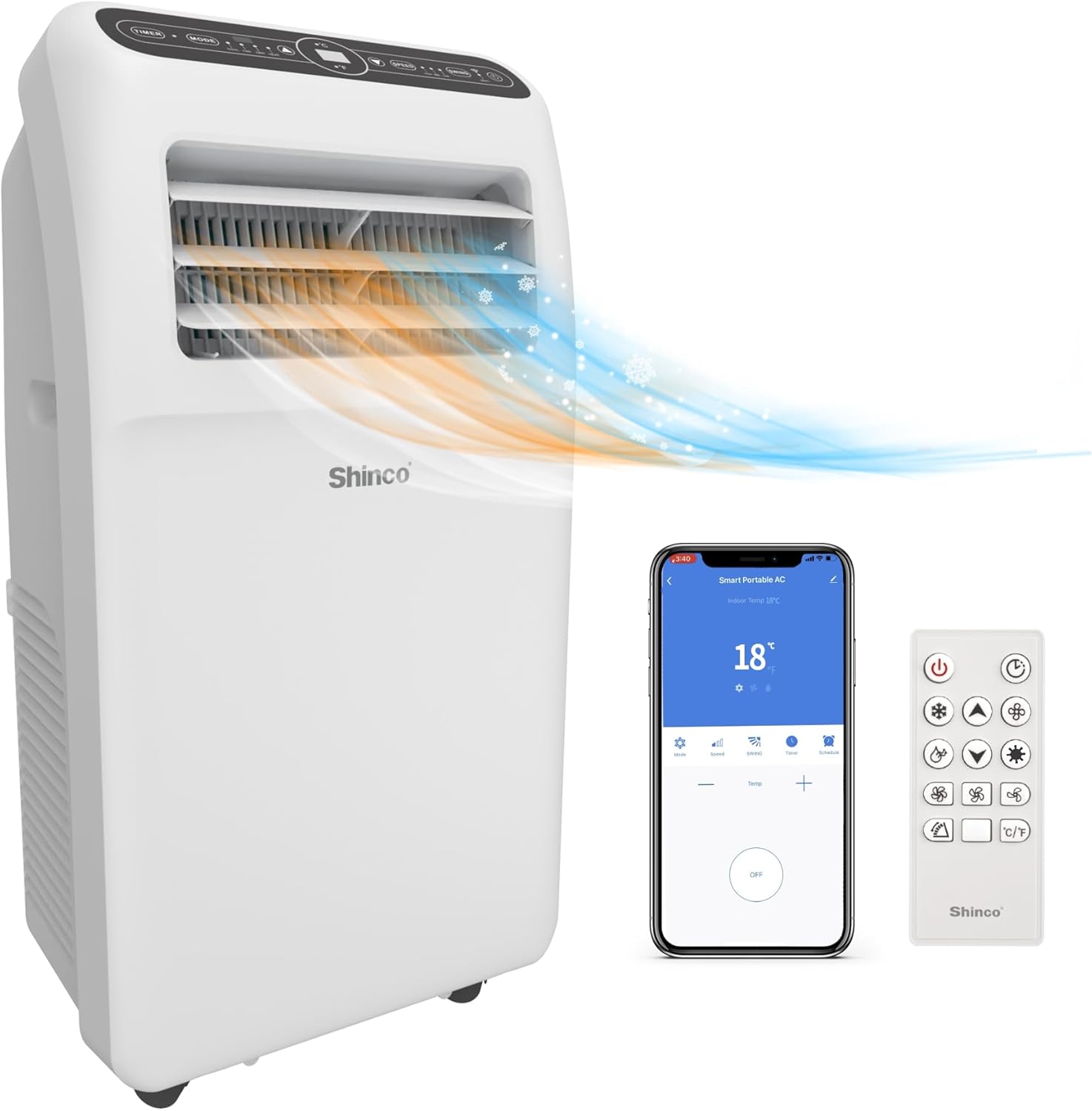 SHINCO Mobile Klimaanlage mit Abluftschlauch, 12000BTU, Kühlung&Heizung&Ventilieren&Entfeuchten, Mobiles Klimagerät mit Fenstermontage-Kit, 24H-Timer, APP, für Räume von etwa 90m³, Weiß