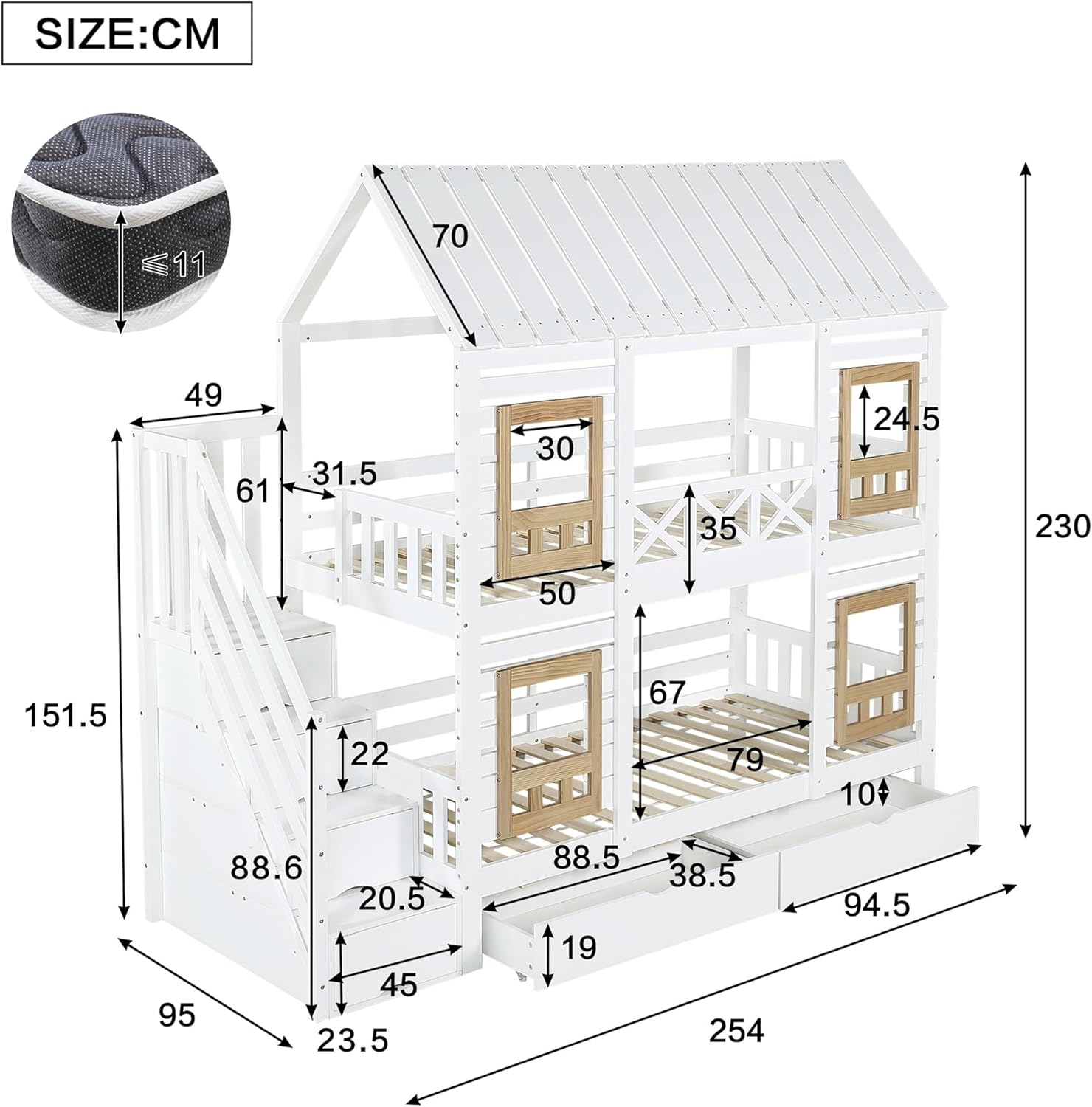 Kinderbett Etagenbett 90 x 200, Hausbett für 2 Kinder, Hochbett mit Lattenrost, Treppe mit 4 Ablagefächern, Rausfallschutz, Zwei Schubladen mit Rollen, Baumhaus Bett mit Fenster und Dach