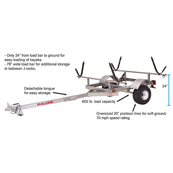 Malone LowMax 2 Kayak Trailer, 600 lb Capacity, Galvanized Steel, J/V Racks, LED Lights, USA Made