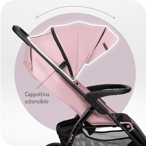 MoMi MIYA EVA Passeggino per bambini da 6 mesi (fino a 22 kg), cintura di sicurezza regolabile a 5 punti, cestino per la spesa, coprigambe, portabicchieri, parapioggia e zanzariera : Prima infanzia