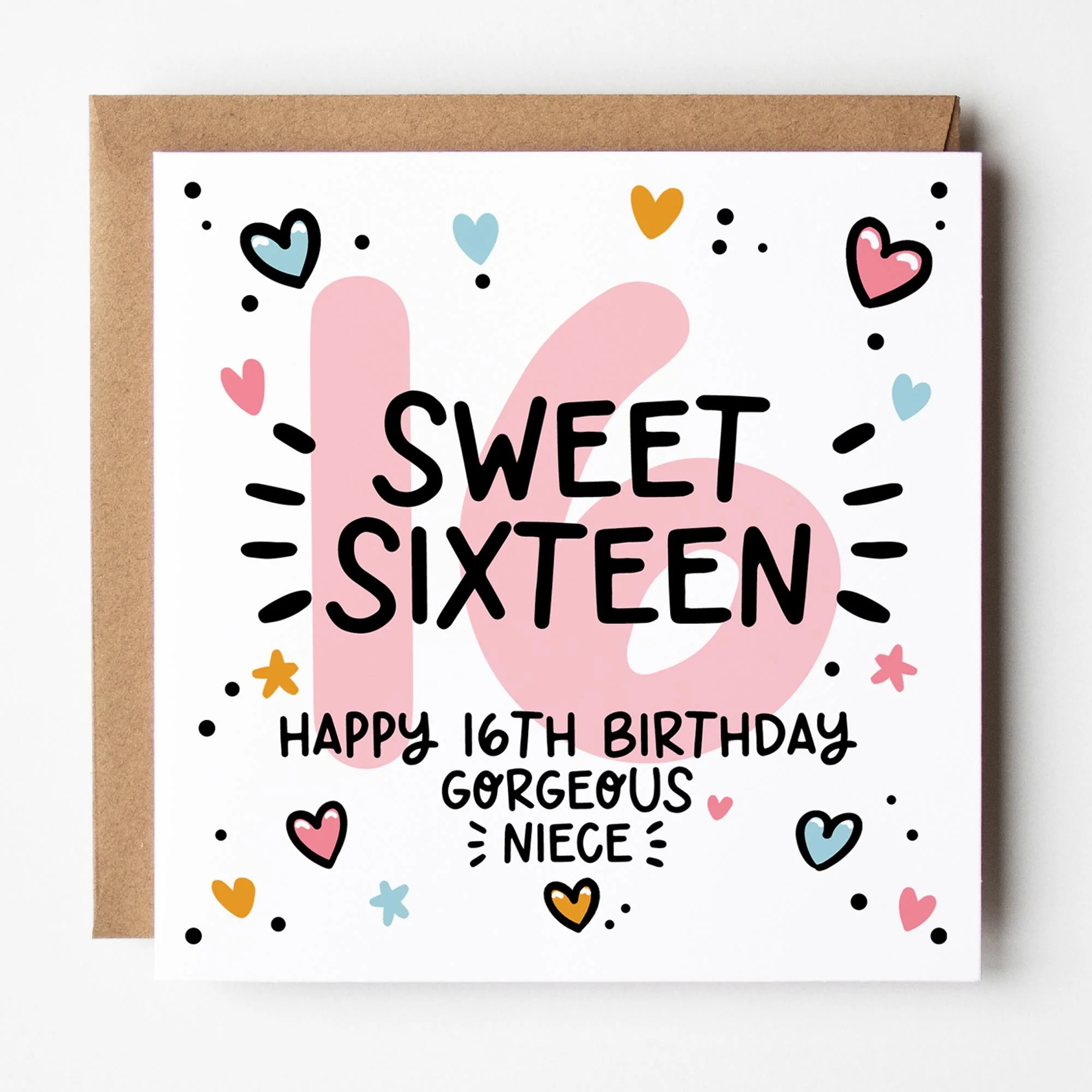 16th Birthday Card for Niece: Pink 16, Sweet Sixteen with Hearts and Kraft Envelope