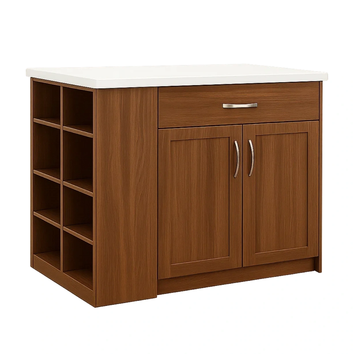 Kkken, rektangulr med flaskehylde, skuffe og MDF-trskab, valnddefarvet, med hvid bordplade, fritstende installation, 100x60x90 cm, til privat brug - WzdFJKPUykK4