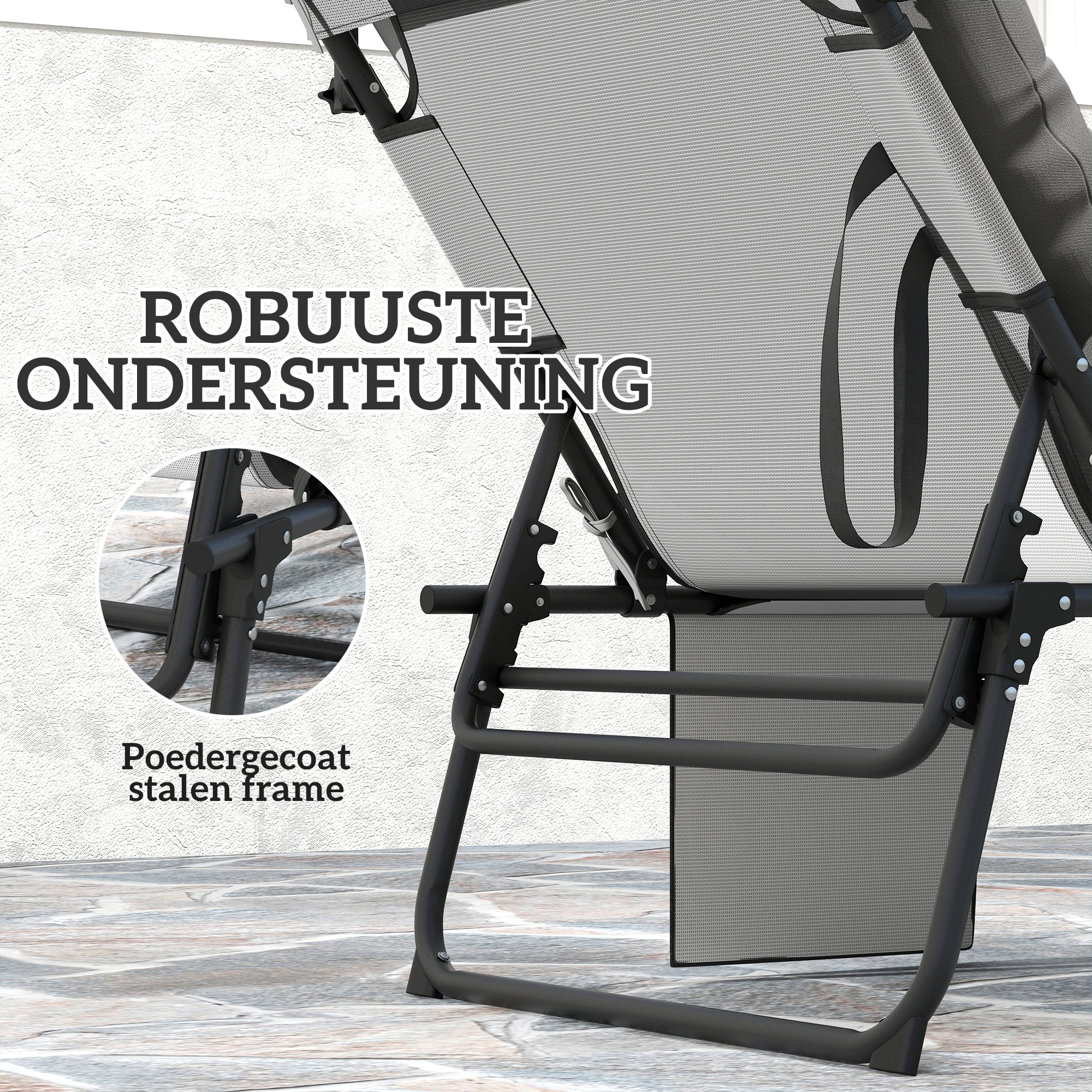 Outsunny Opvouwbare Tuinligstoel met Zonnedak en Matrasje, Ligstoel met 4 Standen Verstelbare Rugleuning Lichtgrijs