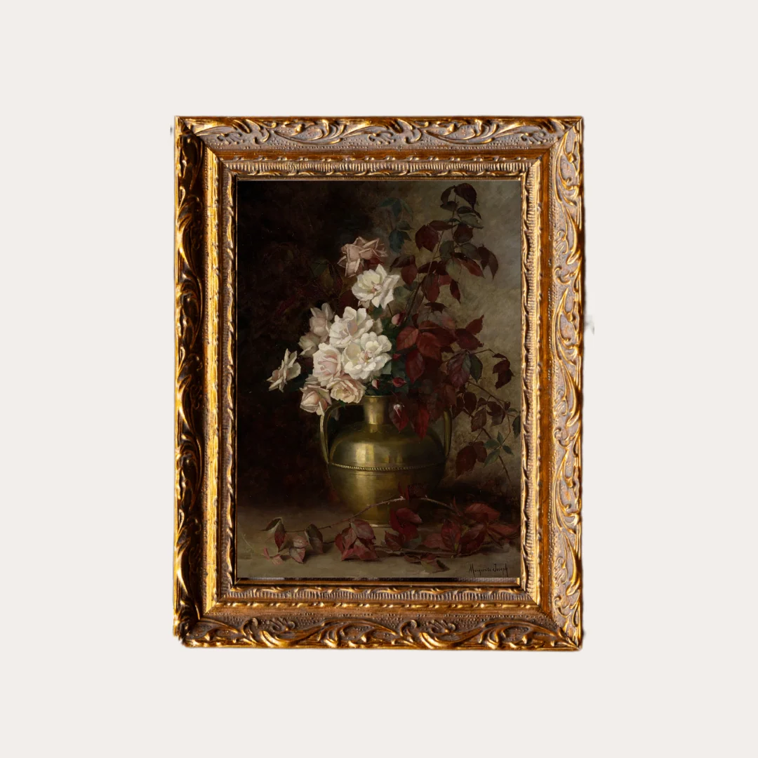 Antique Floral Vase | French Brass Inspired Gold Mould Framed Art