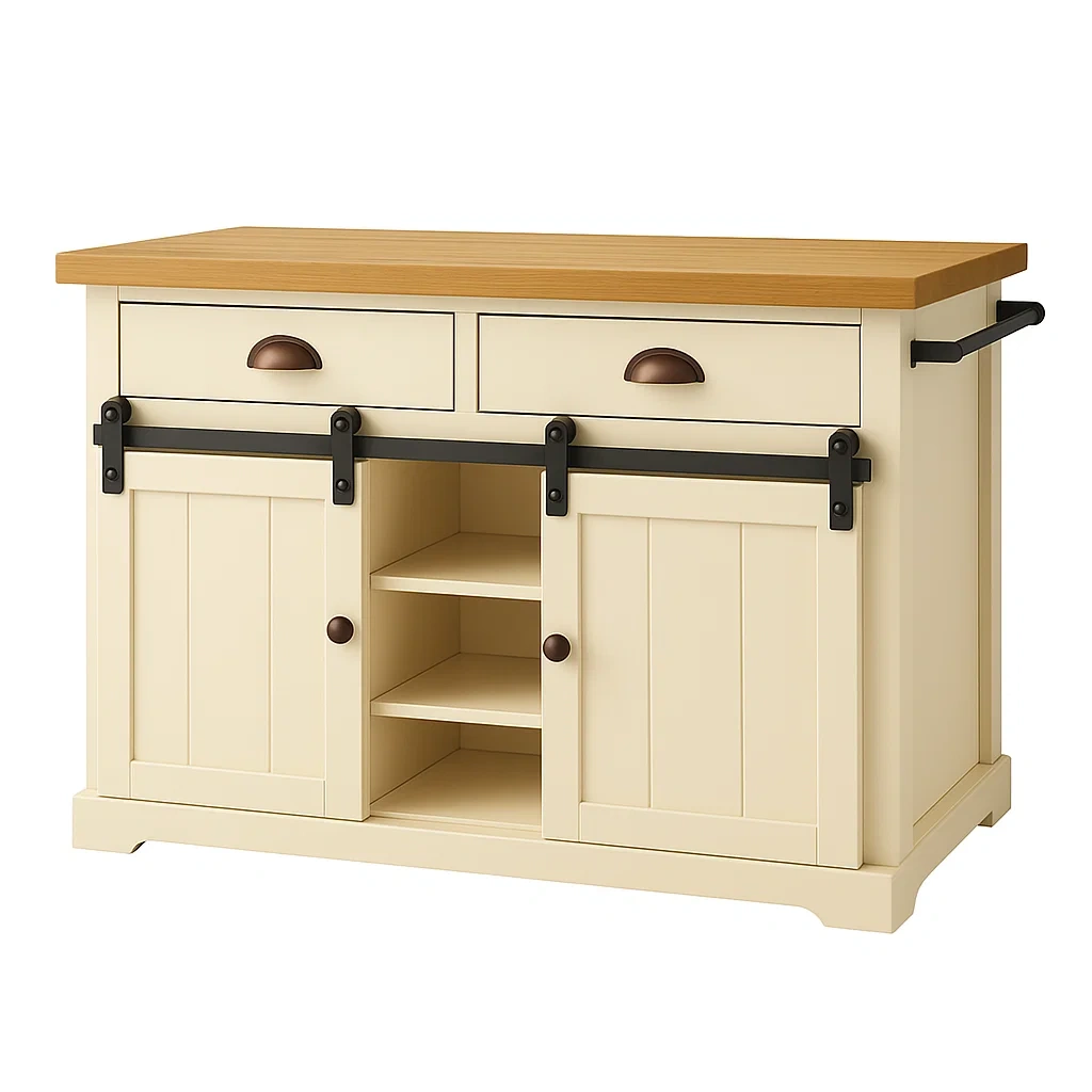 Kkken, rektangulr, lavet af MDF-tr, cremefarvet, med trbordplade, 2 skuffer, skydedre og centrale hylder, ml 110 cm lang, 45 cm bred, 90 cm hj, til almindeligt kkken - pdHLcFwdvYzS
