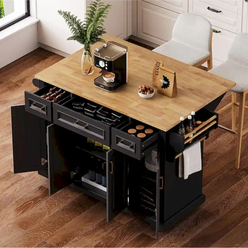 54 Large Kitchen Island with Rubber Wood Drop Leaf, Embossed Texture Rolling Kitchen Cart on 4 Wheels with 4 Doors & 3 Drawers