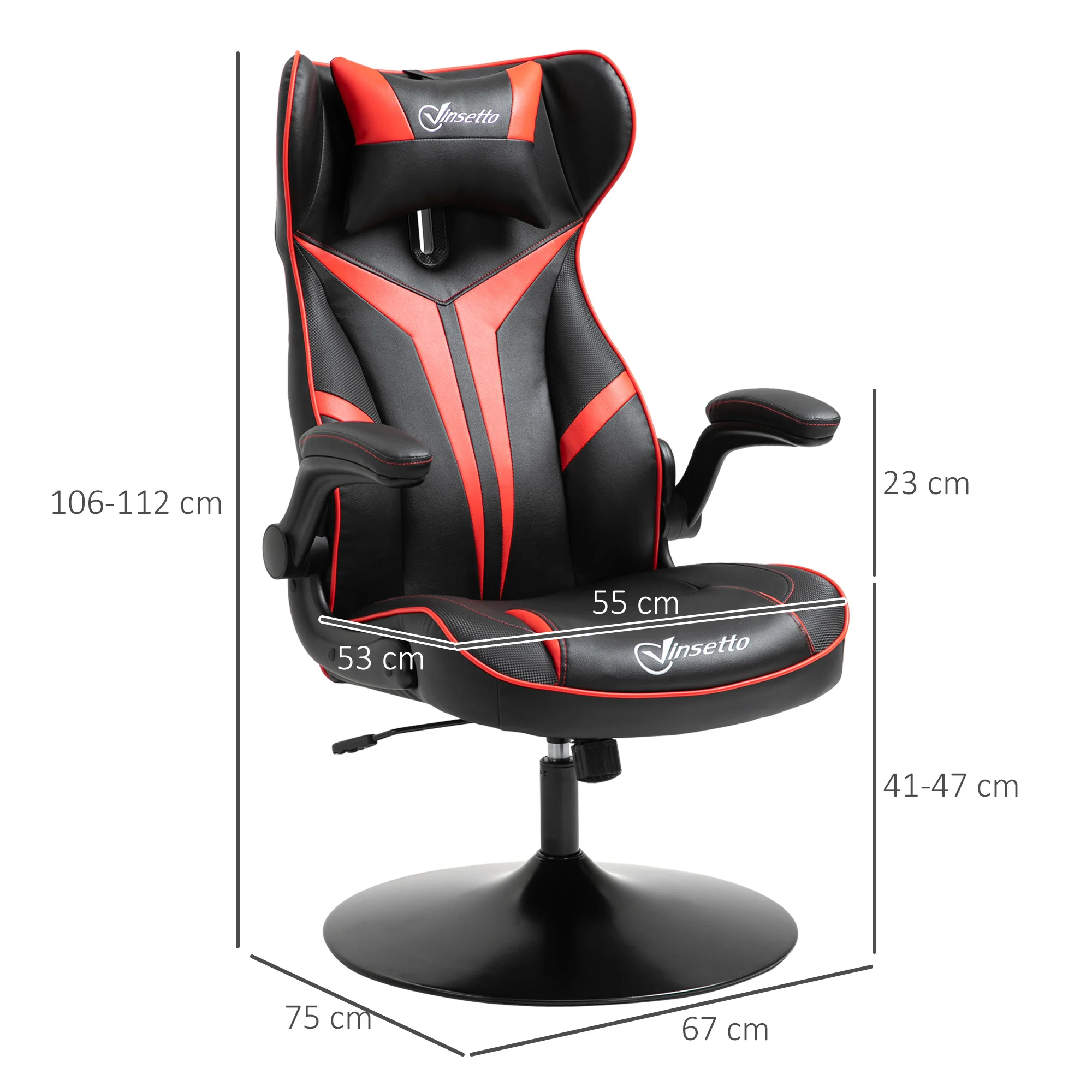 Vinsetto gamestoel ergonomische computerstoel met kantelfunctie draaistoel in hoogte verstelbaar staal zwart + rood 67 x 75 x 106-112 cm