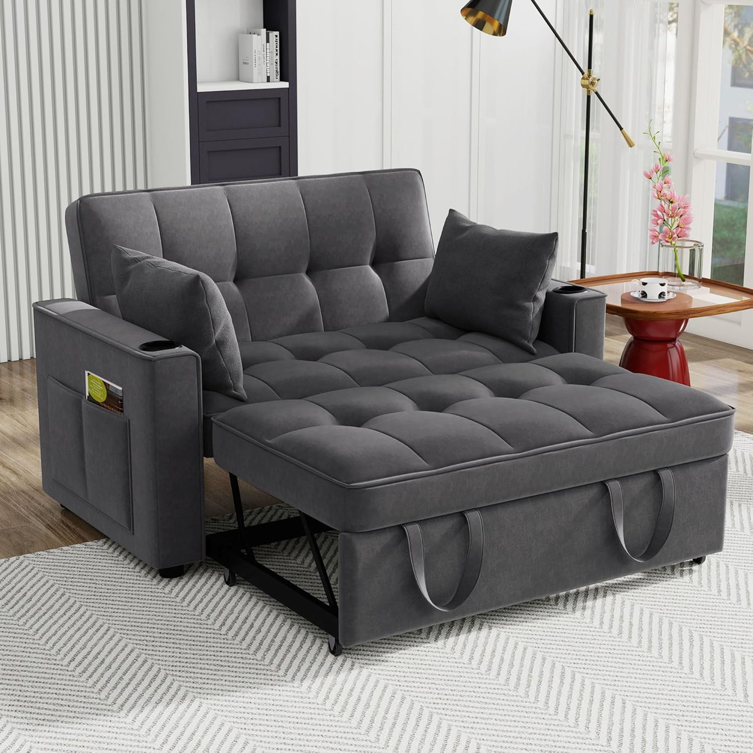 Merax Schlafsofa 2-Sitzer Sofa mit Schlaffunktion, Klappbares 3-in-1 Schlafcouch mit Verstellbarer Rückenlehne, Getränkehalter und Armlehnentaschen, aus Samt, Grau 137 x 76.5 x 83 cm