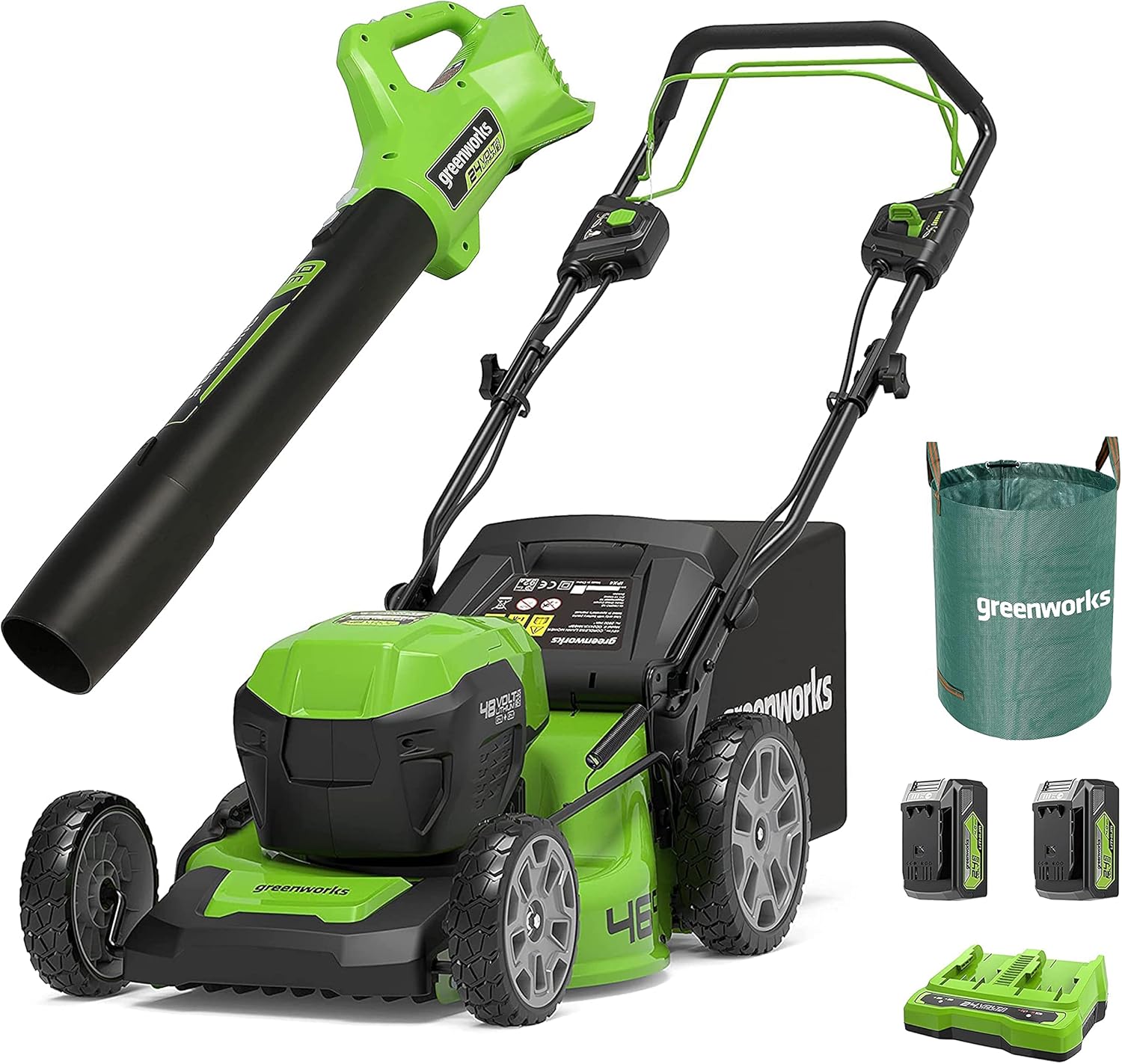 Greenworks 48V (2x24V) Selbstfahrender Akku Rasenmäher für große Flächen bis zu 480m², 46cm Schnittbreite, 55L Sack PLUS zwei 4Ah-Akkus und Doppelladegerät GD24X2LM46SPK4X