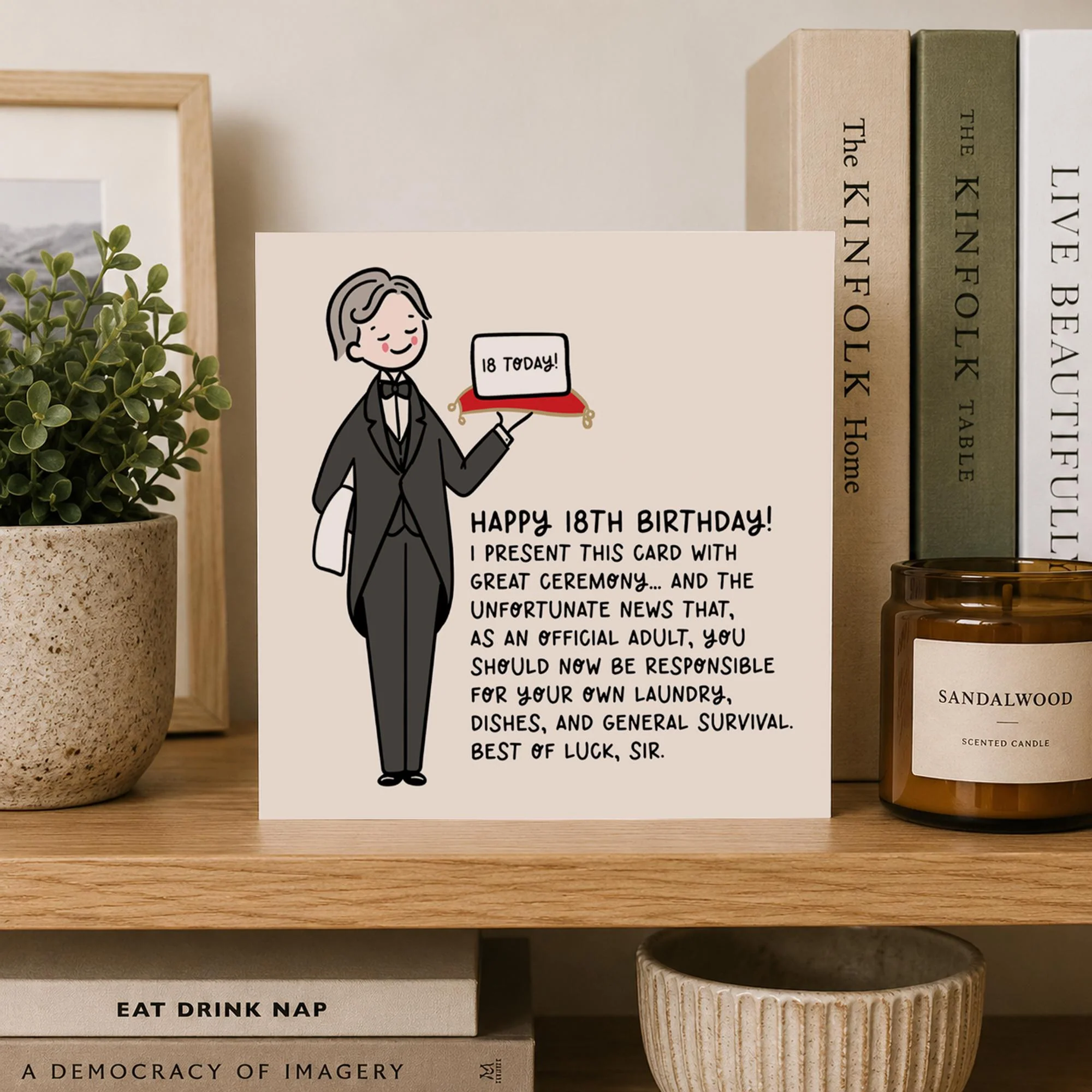 18th Birthday Card for Him: Funny, Butler Design for Boys, with White envelope
