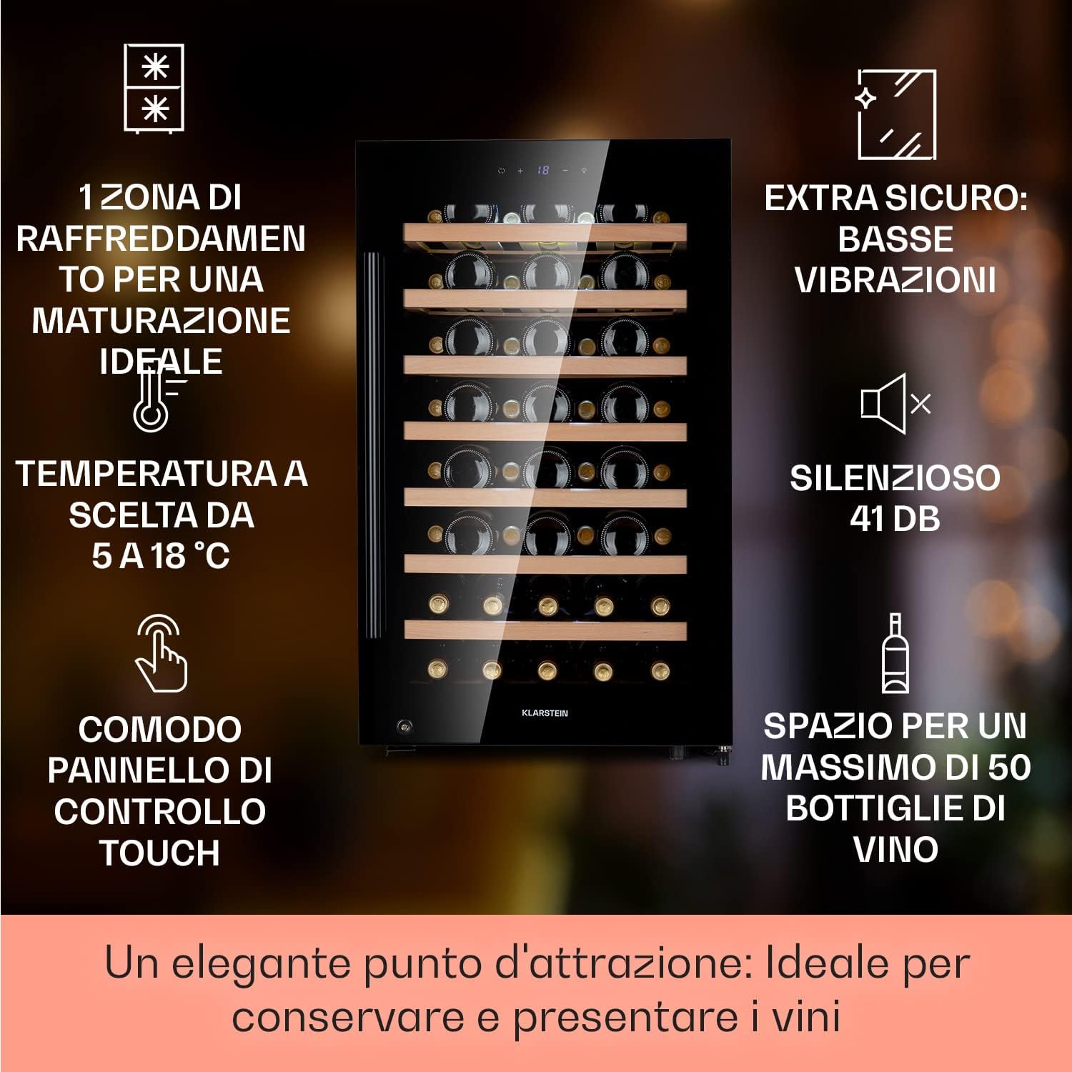 Klarstein Cantinetta Vino, Cantinetta Vino Refrigerata a Zona Singola per Interno/Esterni, Frigo Bar, Cantina Vino con Vetrina, Mini Bar con Protezione UV, Frigo Vino Touch, 5-18°C, 52 Bottiglie