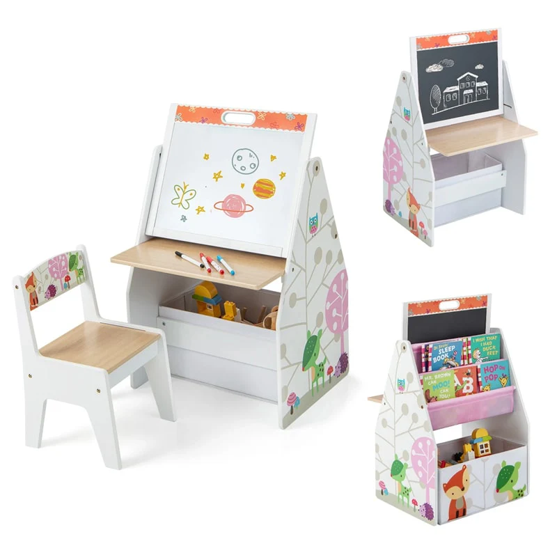 3-in-1 Kids Art Easel with Chair, Wooden Toddler Easel Table & Chair Set w/ Double-Sided Magnetic Whiteboard & Chalkboard, Bookshelf, Storage