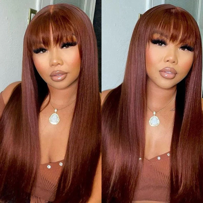 Reddish Brown Straight 2x4 Lace Front Wig With Bangs Machine Made Human Hair Wig Easy to Go