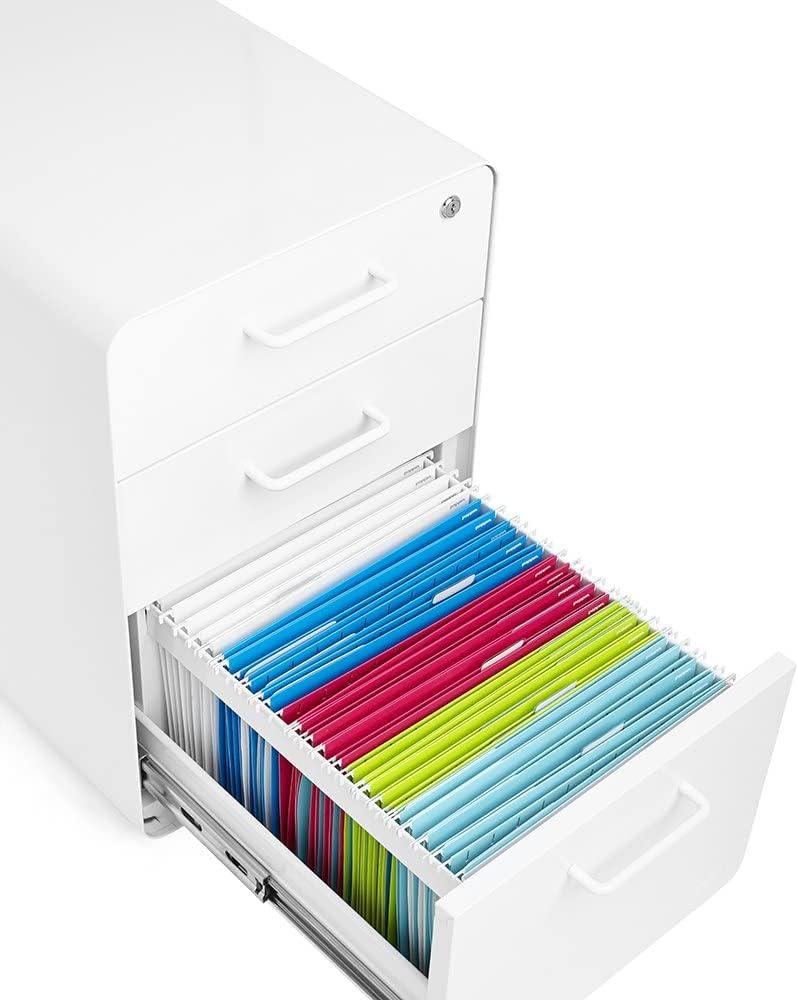 Poppin Stow 3-Drawer File Cabinet - White, 2 Utility Drawers and 1 Hanging File Drawer, Fully Painted Inside and Out, Powder-Coated Steel, Two Keys Included, Stationary