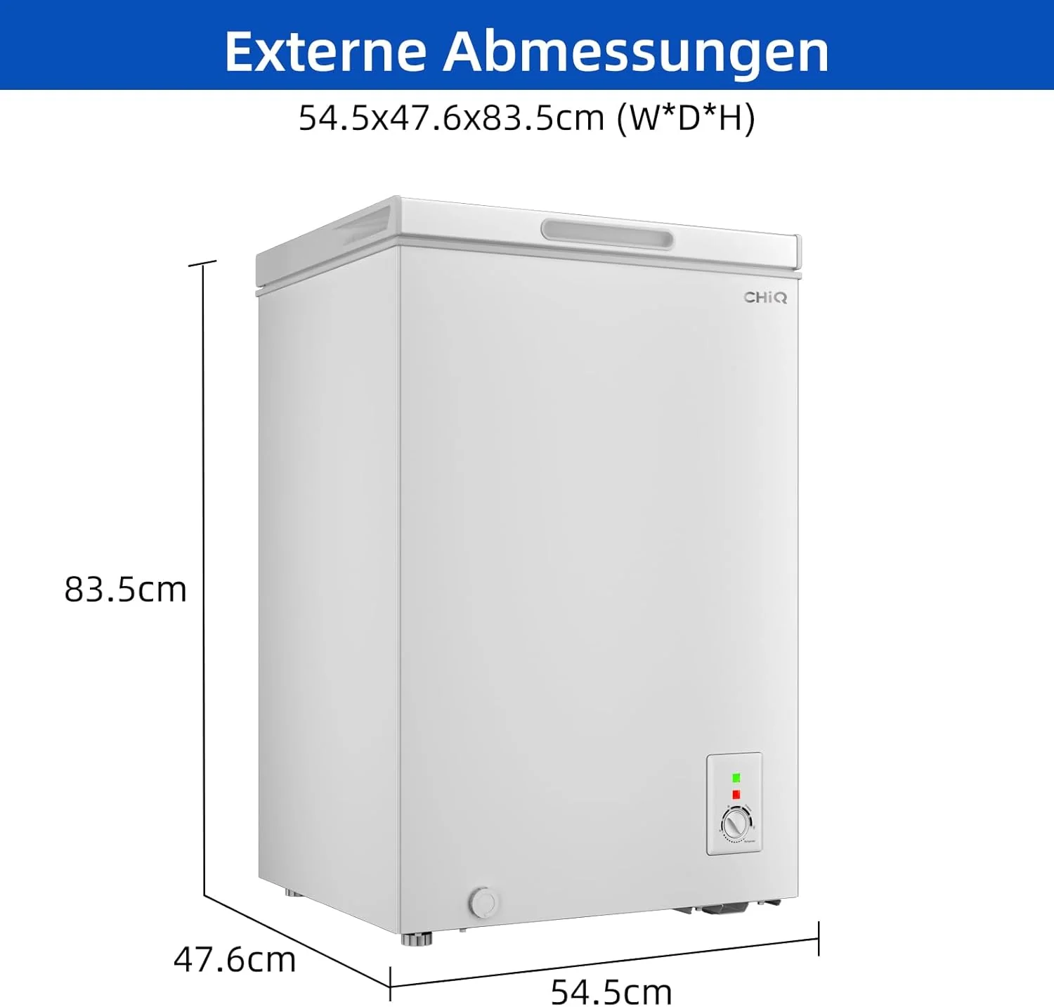 CHiQ FCF98DE Congelatore a pozzetto 99 L, 54,5 x 47,6 x 83,5 cm, congelamento 4 stelle, controllo termostatico, cestello in filo, porta bilanciata, silenzioso, bianco