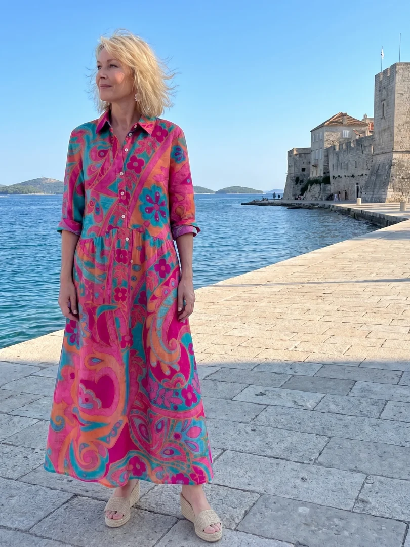 Women��s Printed Midi Dress Button Front Collared Style