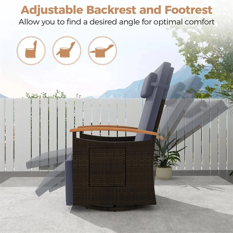 Outdoor Rattan 360° Swivel Recliner Chair, Patio Wicker Chaise Lounge Chair with Adjustable Backrest & Footrest, Flip Side Table & Cushions