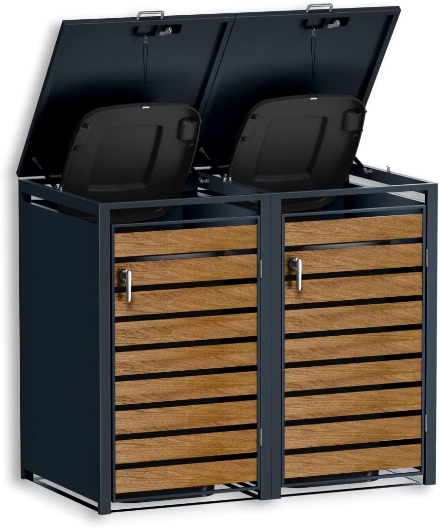Metzler Mülltonnenbox in Anthrazit & Holzoptik 2er 240L, Mülltonnenverkleidung 2 Tonnen, witterungsbeständiger und pulverbeschichteter Stahl mit Automatikdeckel, abschließbar, Garten- und Müllbox