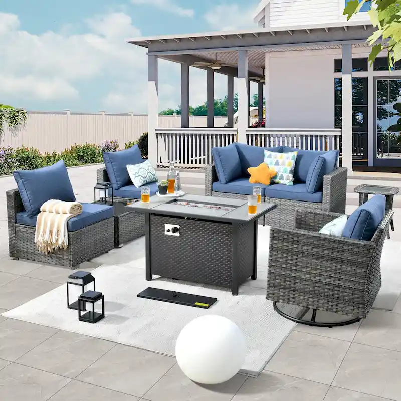 HOOOWOOO 8-piece Rattan Wicker Patio Furniture Set with Fire Pit