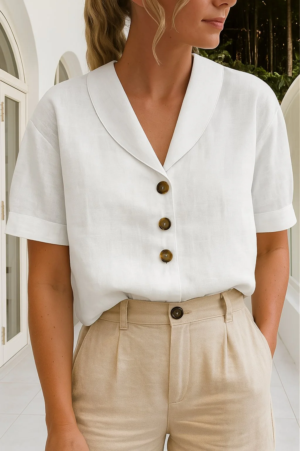 Women��s Relaxed-Fit Button-Front Blouse Short-Sleeve Summer Style