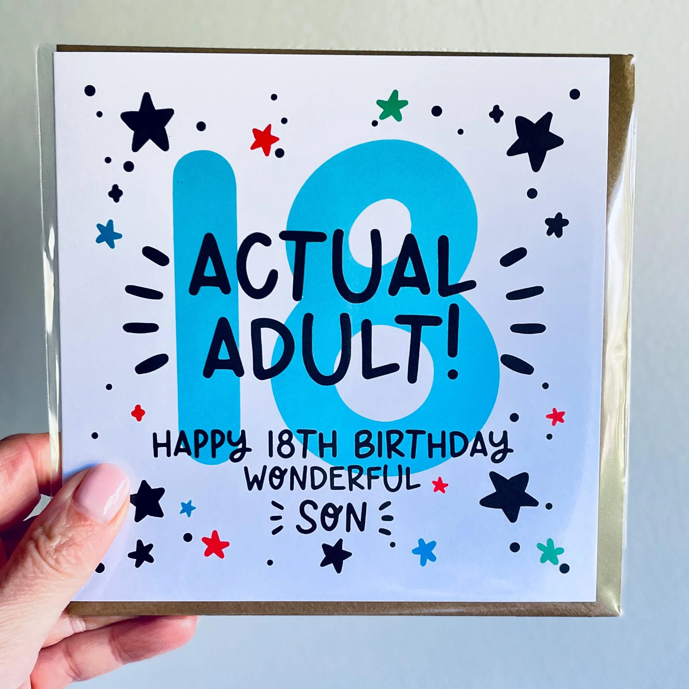 Son 18th Birthday Card; Blue 18, with Kraft Envelope