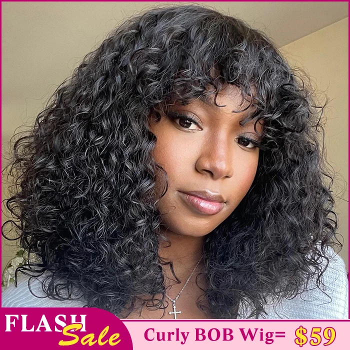 Glueless Curly Short Bob Wig With Bangs HD Lace Human Hair Wigs 220% Density Flash Sale