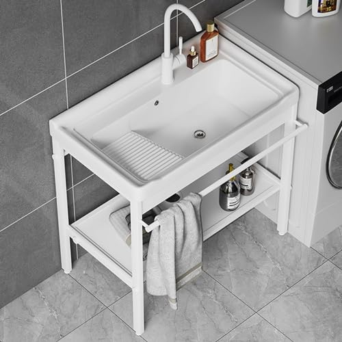 Lavello in ceramica staffa in acciaio inossidabile,vasca da bucato,lavando lavello lavanderia,Con tubi dell'acqua, viti di montaggio, adatto per balcone, giardino, lavanderia,bagno (Size : 32