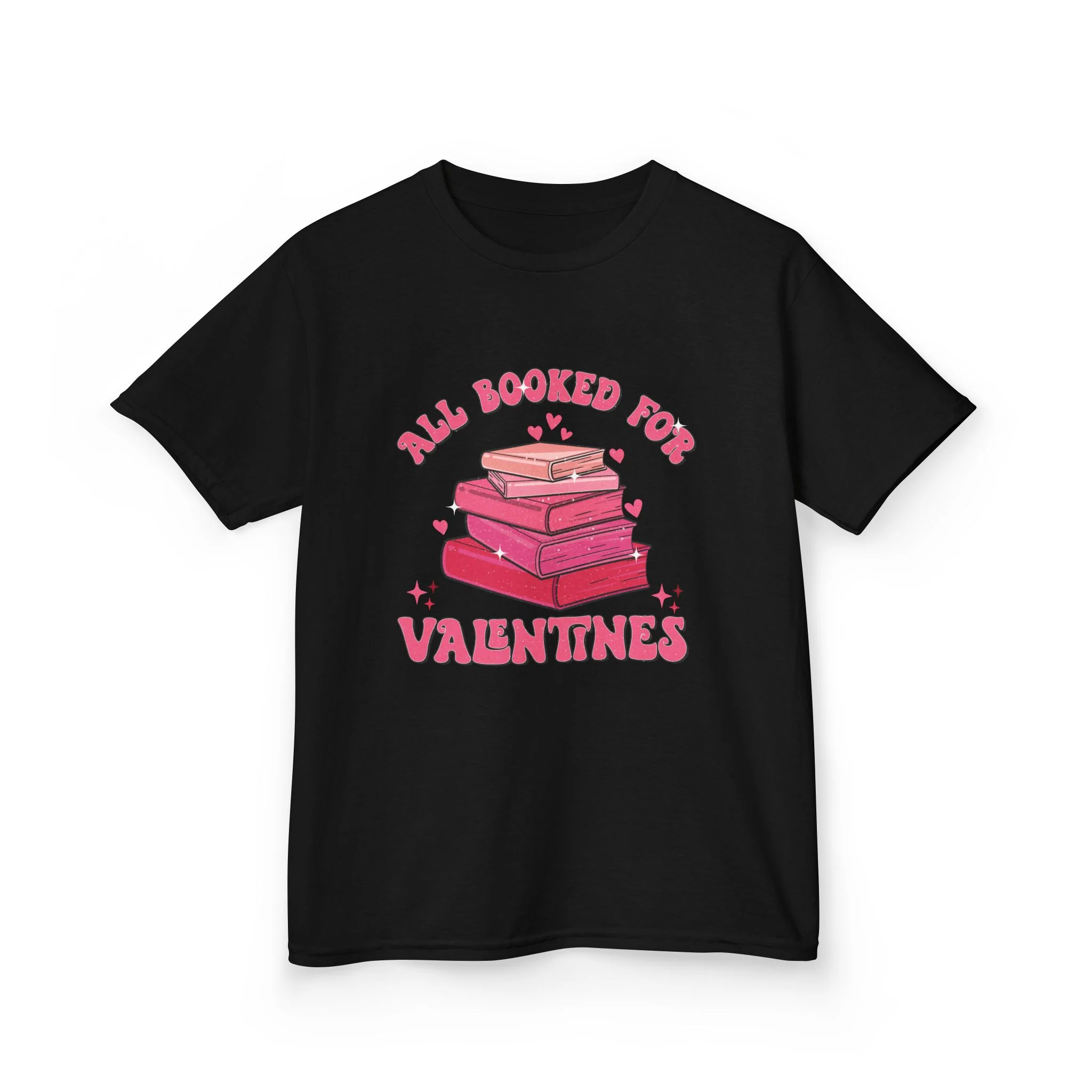 All Booked Up Valentines Kids Tee | Stack of Books, Pink Hearts