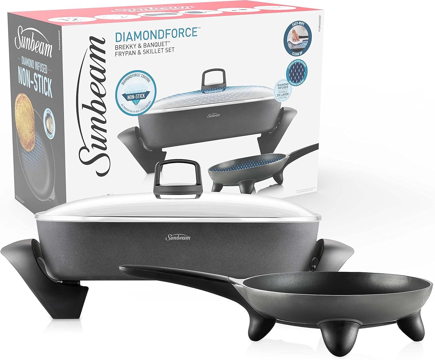 Sunbeam Electric Frypan and Skillet Combo, DiamondForce Non-Stick Coating, Uniform Heat Distribution, Easy Clean-Up, Black